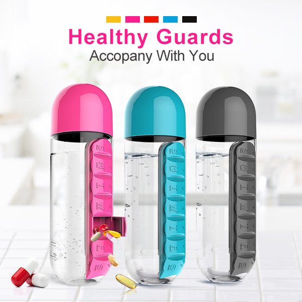 Portable Leak-proof Water Bottle Outdoor Drinking Water Bottles With 7 Compartments For Daily Pill Box Organizer 