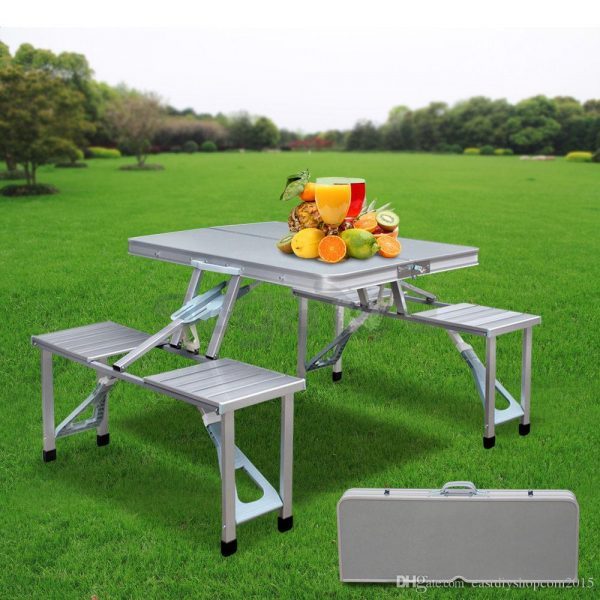 labworkauto 4FT Blue Foldable Portable Table Aluminum Adjustable Height Umbrella Hole with 4 Stools Fit for Outdoors Picnic Camping BBQ Garden Dining Party Beach Backyard 
