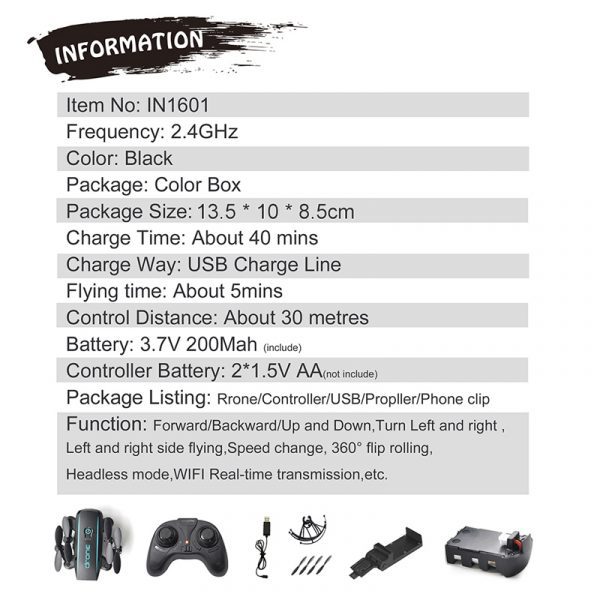 Linxtech IN1601 2.4G 0.3MP Wifi FPV Foldable Altitude Hold RC Drone Quadcopter - Image 5