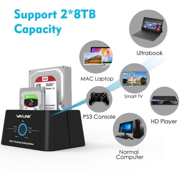 WAVLINK USB 3.0 to SATA (5Gbps) Dual-Bay Hard Drive Docking Station - Image 4
